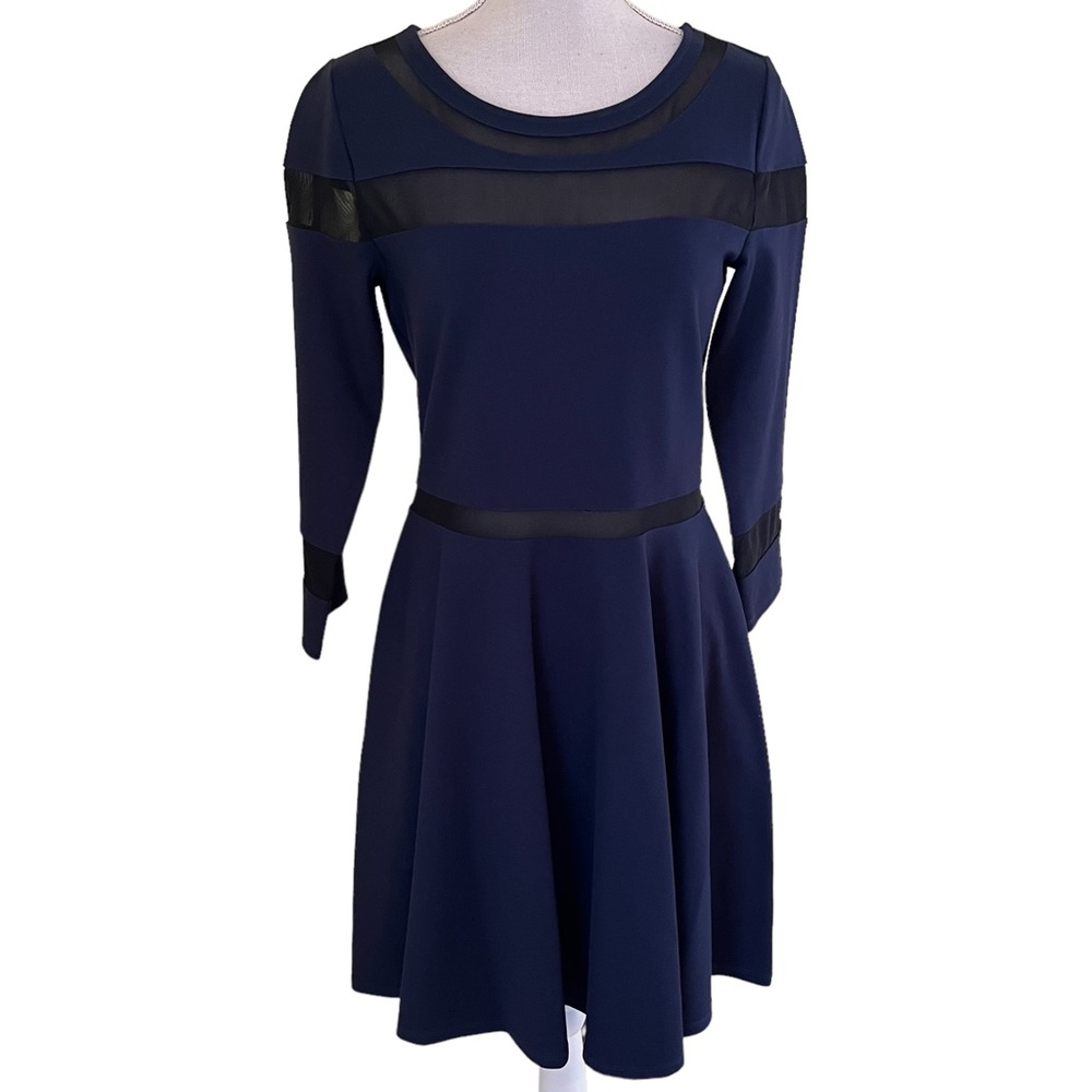 Gianni Bini Navy Blue "Ellen" Knit Fit and Flare Dress with Black Mesh Insets
